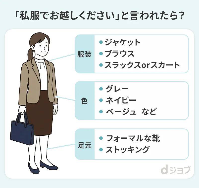 看護師が私服でお越しくださいと言われた場合の服装についてまとめた画像