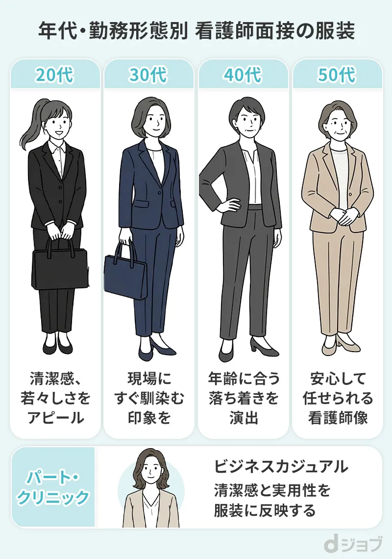 看護師の面接時の服装を年代や勤務形態別にまとめた画像