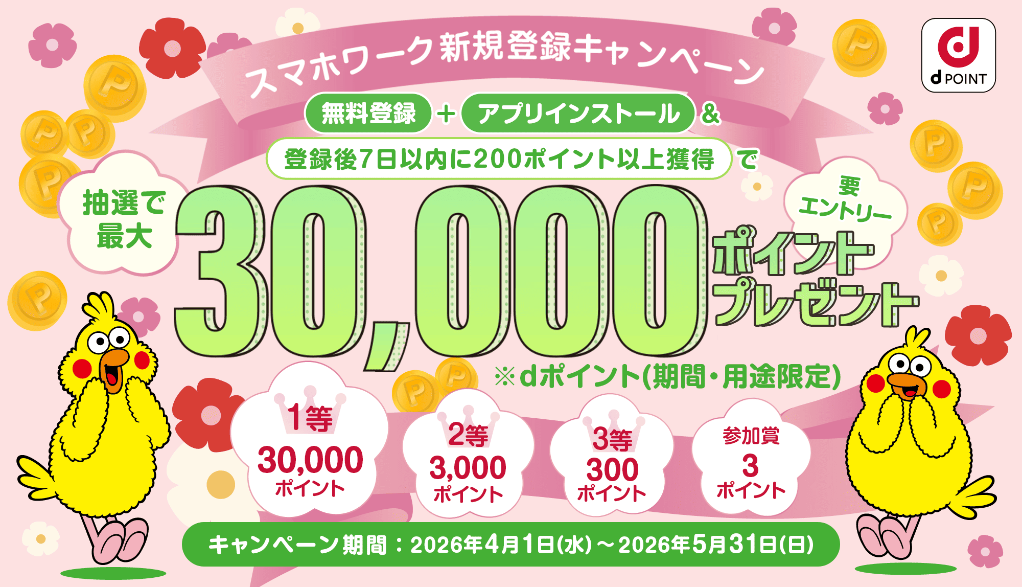スマホワーク新規登録キャンペーン 無料登録+アプリインストール＆登録後7日以内に200ポイント以上獲得で 抽選で最大30,000ポイントプレゼント 要エントリー ※dポイント(期間・用途限定)