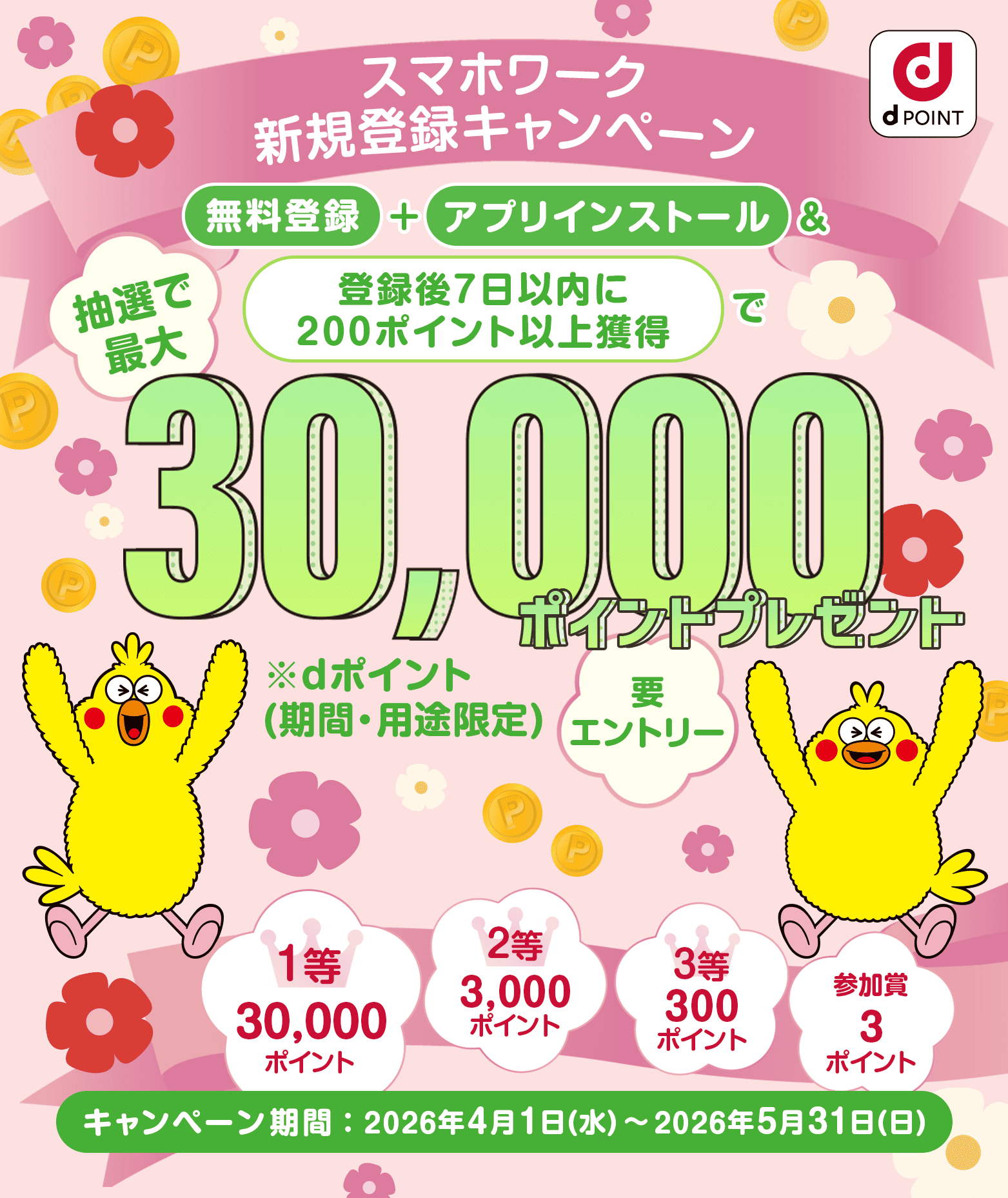 スマホワーク新規登録キャンペーン 無料登録+アプリインストール＆登録後7日以内に200ポイント以上獲得で 抽選で最大30,000ポイントプレゼント 要エントリー ※dポイント(期間・用途限定)